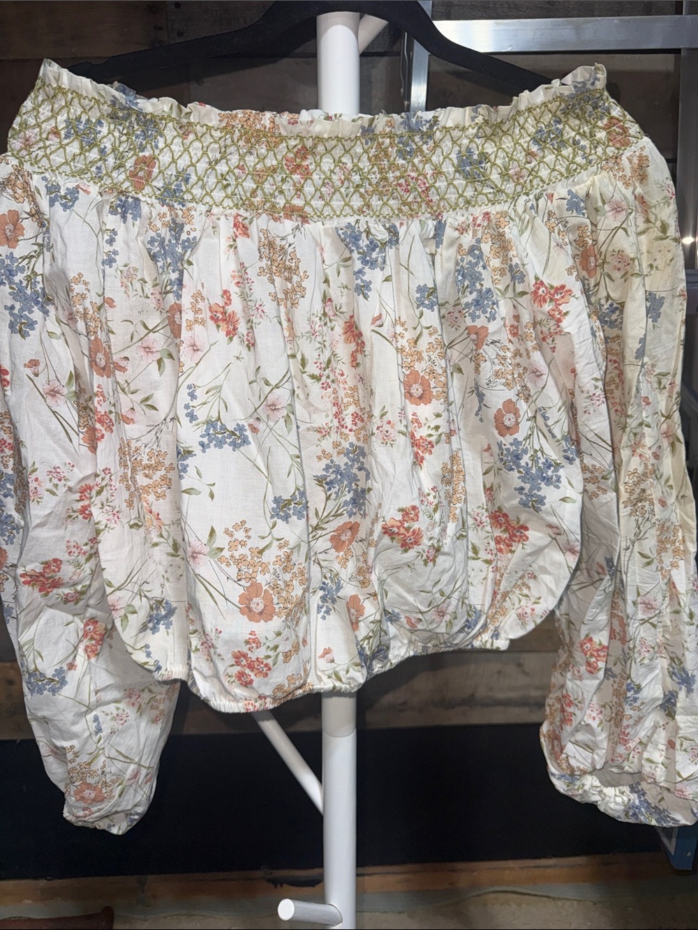 Smocked Off-Shoulder Floral Blouse - White with Pink & Blue Floral Medium